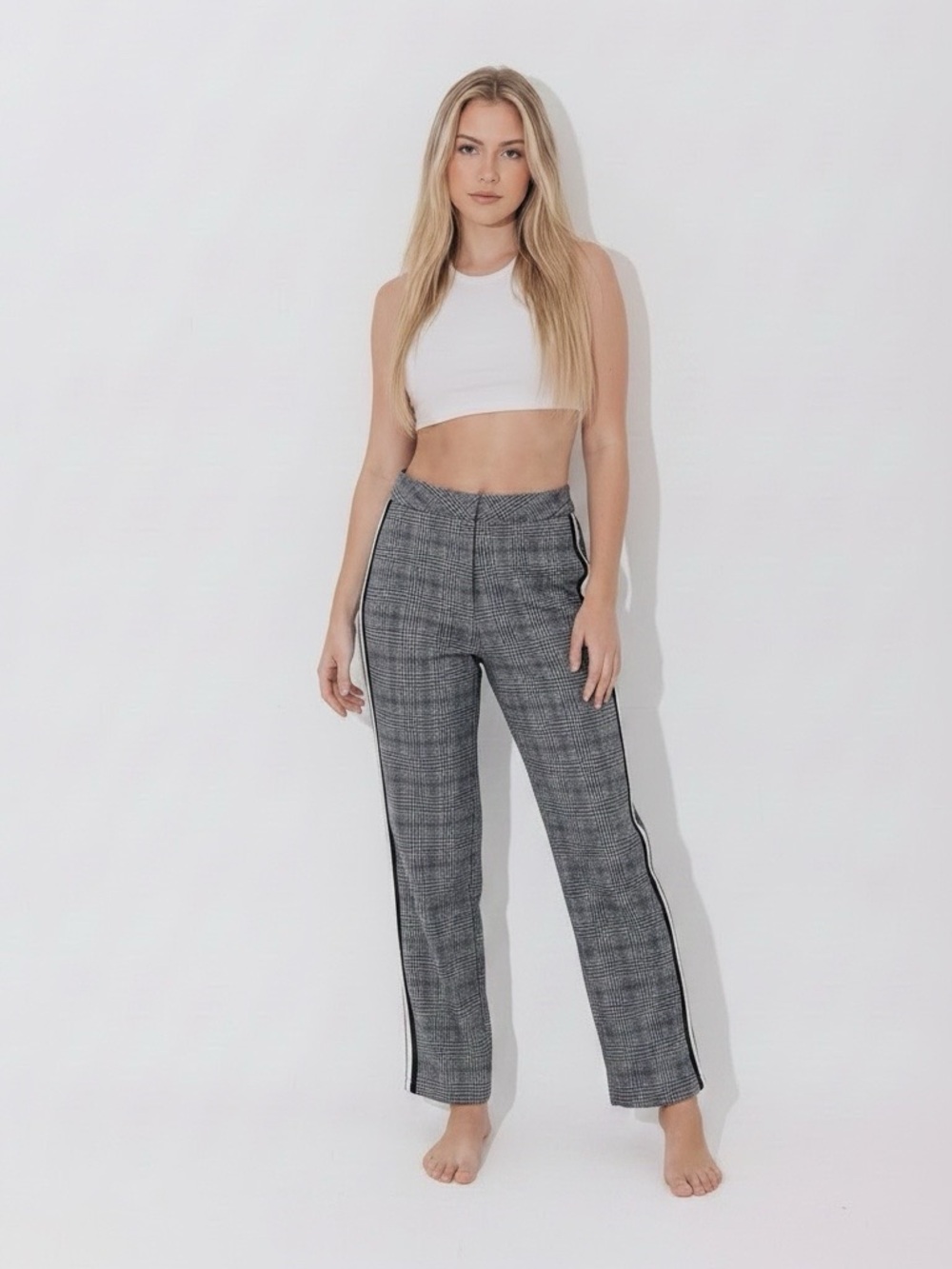 NEW Sundry Grey Plaid Pants with Cream & Black Side Stripes